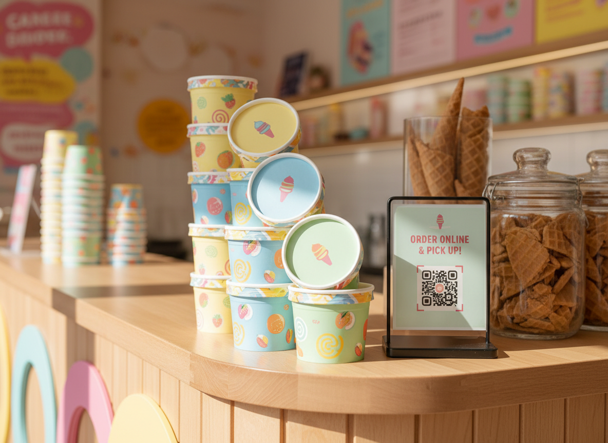 A neat stack of branded paper gelato tubs and tubs with rounded lids in pastel yellow, baby blue, and pistachio, each featuring whimsical illustrations of swirls and fruits. The stack sits on a polished, rounded wooden counter next to a sleek QR code sign for online orders. The backdrop features a soft blur of colorful gelateria décor and glass jars of crunchy waffle pieces. There’s ambient natural light filtering in, producing cheerful highlights and soft, playful shadows. Captured at a slight side angle, the composition emphasizes both tubs and the digital option, supporting a playful, modern, and energetic mood, and conveying the joyful convenience of online ordering and pickup.