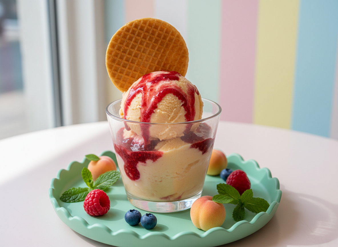 A close-up of a transparent cup filled with pale apricot-colored sorbetto, swirled with vibrant red raspberry sauce and topped with a handcrafted, rounded waffle wafer. The cup is placed on a playful, round mint-colored tray, surrounded by small, glossy fruit sculptures and sprigs of fresh mint. Behind, a softly blurred backdrop of pastel-and-white vertical stripes suggests the inside of a modern, whimsical gelateria. Soft window light illuminates the sparkling ice crystals and syrupy shine, creating crisp highlights and making the colors vivid. The scene is photographed from a high angle, with sharp focus on the sorbetto’s texture, delivering a playful, fresh and energetic look true to the brand’s artisanal promise.